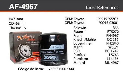 Filtro Aceite Toyota Rav4 2.4 Dohc 16-valve 2az-fe 2004-2008