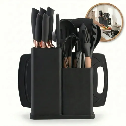 Kit Utensílios Cozinha Silicone 19 Peças Com Cabo De Madeira Completo Durável Resistente Espátulas Colheres Concha Pegador E Acessórios Antiaderentes Não  Risca Panela Preto - Shokki
