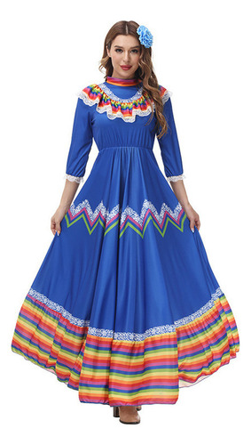 Vestido De Fiesta Mexicano Con Cuello Redondo Y Manga Larga