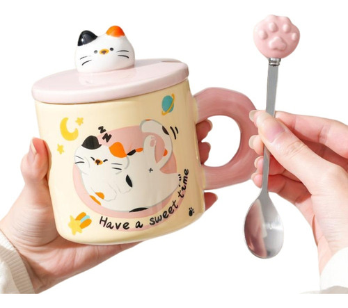 Set De Taza Cerámica C/cucharita Y Tapa Eat Cats Gatito Cute Rosa Have A Sweet