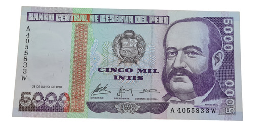 Billetes Mundiales : Peru 5000 Intis 1988 Nuevo 