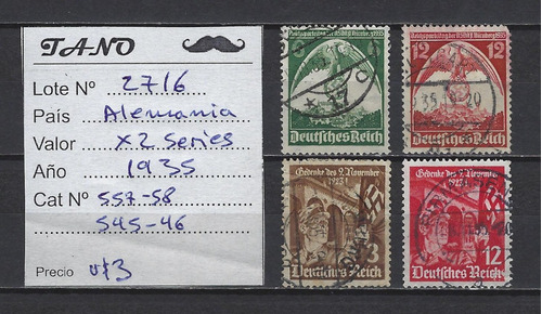 Lote2716 Alemania X 2 Series Año 1935 Yvert# 557/58, 545/46
