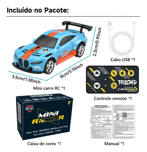 Mini Carro Controle Remoto JCMO 1:64 Azul Com App e USB-C