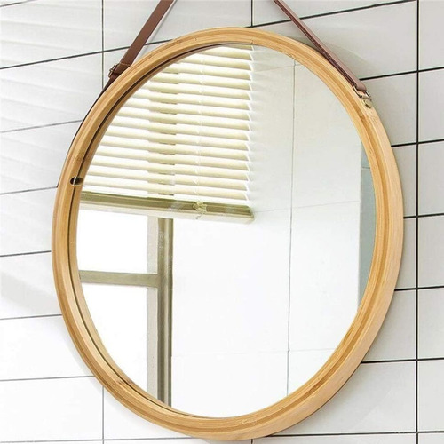 Espelho Redondo Bambu Suspenso Alça De Couro 45cm