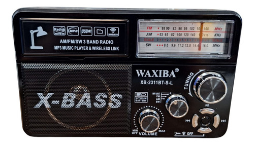 Radio Usb X-bass Bluetooth Waxiba Am/fm/sw Solar Recargable Negro