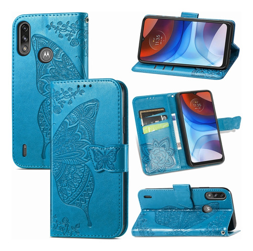 Funda De Piel Con Tapa Horizontal Azul Para Motorola Moto E7