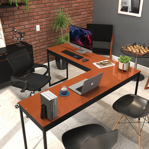 Mesa De Canto Em L Preto Com Cobre Para Home Office Ou Escritório - Estrutura Robusta E Design Industrial