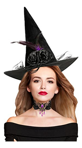 Halloween Witch Hats For Women - Gothic Velvet Black Wi...