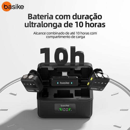 Microfone Sem Fio Basike Mini para iPhone/iPad/Android - 30m Alcance Estável, 10h Bateria com Case de Carregamento Portátil, Clip Prático para YouTube/TikTok/Gravações em Movimento