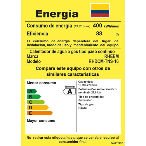 Calentador Rheem 16lt Digital Tiro Natural Gas Natural