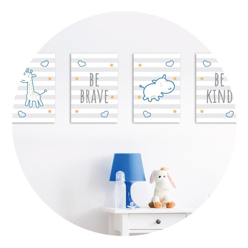 Placa Decorativa Girafa E Hipopótamo Azul Kit 4un 30x40cm infantil