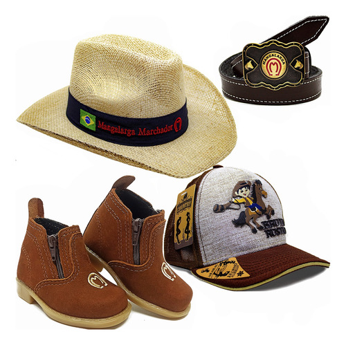 Kit Infantil Botina Country + Cinto + Chapeu + Bone Peao Mm