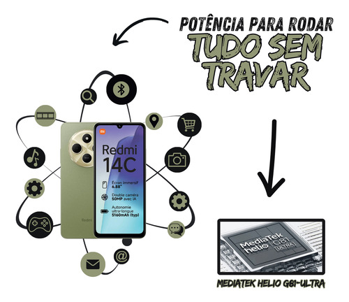 Celular Redmi 14c Verde 128gb + Fone Bt Relógio Capinha