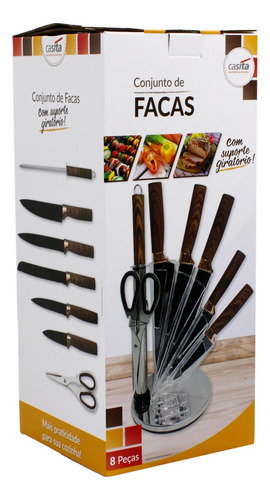 Conjunto De Facas Para Cozinha Com Suporte Giratório 8 Peças Cor Marrom