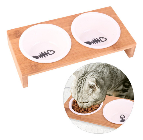 Mesa De Bambú Para Mascotas Con 2 Cuencos De Cerámica Para P