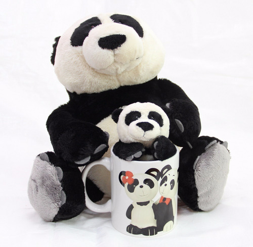 Imagem 1 de 10 de Urso Panda 35 Cm + Ursinho 15 Cm Caneca Presente P/ Namorada