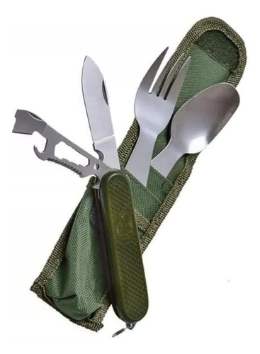 Set Kit Cubiertos Camping Verde Funda Plegable Tenedor Cucha