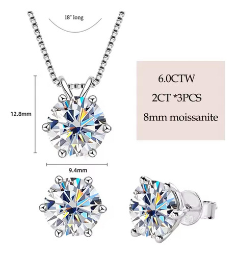 Conjunto Joyas De Plata 925 Aros Collar Moissanita Vvs1 2ct
