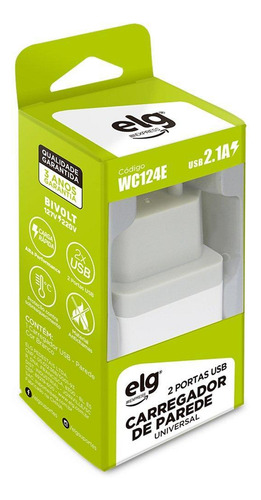 Carregador Parede Universal 2 Portas Usb ELG Branco Wc124e