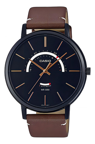 Reloj Casio Mtp-b105bl-1a Sumergible Unixes Cuero Calendario Color de la malla Marrón Color del bisel Negro Color del fondo Negro