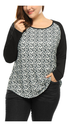 Blusa Talla Grande Camiseta Raglán Con Estampado De Leopardo