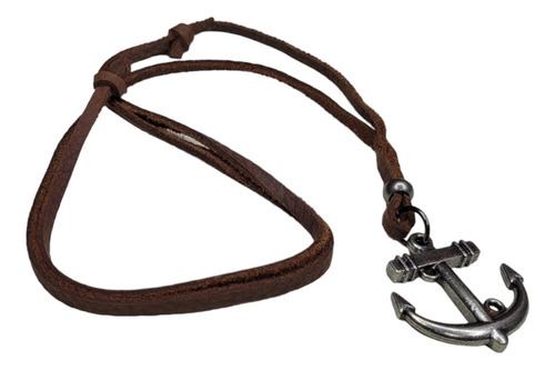 Collar Cadena Colgante De Ancla Plata Cuero Marron Hombre