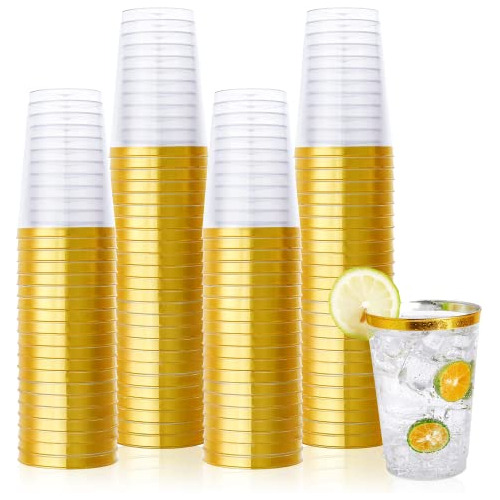 150pack 12 Oz Gold Rimmed Plastic Cups, Reusable Clear ...