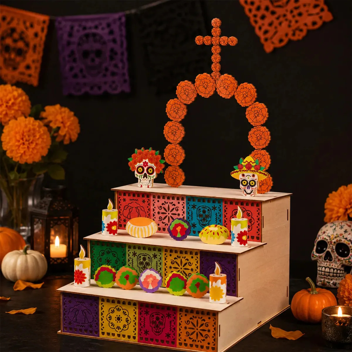 Altar de Ofrenda para Día de Muertos de MDF Zacro con 3 Niveles y 16 Adornos
