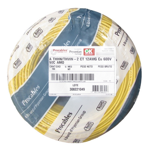 Imagen 1 de 3 de Alambre 12 Awg Thhn 90°c Amarillo Rollo 100 Metros Procables