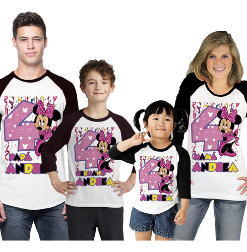 Kit 4 Playeras Raglan 3/4 Minnie Mouse Cumpleaños #v08