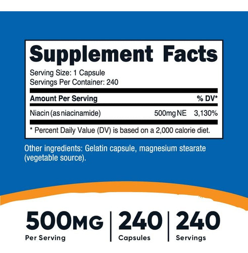 Nutricost Niacinamida (vitamina B3) 500mg, 240 Cápsulas - Se