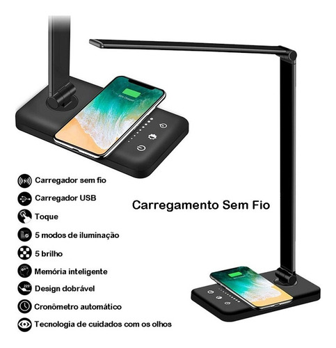 Para Lâmpada De Mesa Luz Led Escritório Estudo Carregador