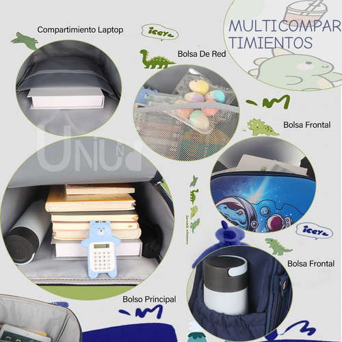 Mochila Escolar Primaria Preescolar Jardin Kinder Para Niños Dinosaurio Impermeable Bonita Espaciosa Y Resistente Viaje Uniuni Color Azul UN-22