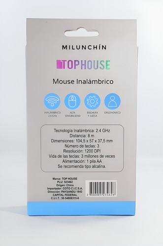 Mouse Inalambrico Optico 8mts 2.4ghz 1200dpi Top House Color Celeste