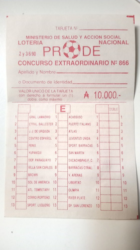 Boleta De Prode Extraordinario N° 866, Sin Uso, 2 Y 3/6/1990