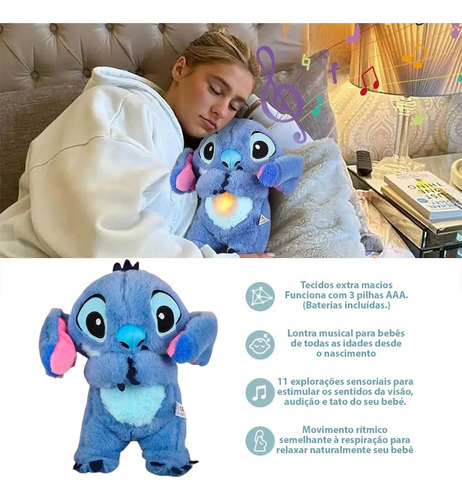 Stitch Pelúcia Que Respira Alivia Ansiedade Com Som C/ Pilha