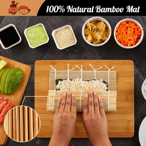 Kit Sushi Bambú Makisu Con 2 Alfombrillas 5 Palillos Mmg