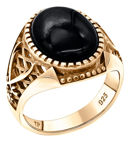 Anel Masculino Oval Prata 925 Dourada  Ouro 18k - Black Ônix