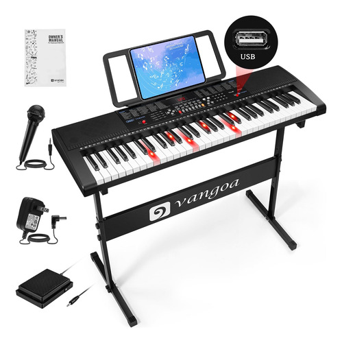 Piano Eléctrico De 61 Teclas Con Luces Y Micrófono Negro