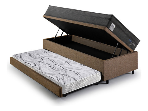Bicama Box Baú Solteiro com Colchão Molas Ensacadas Berlim Preto Probel Linho Marrom 88x188