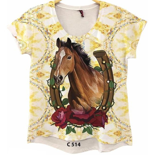 Camiseta Feminina Desenho Cavalo Ferradura Estampa Country