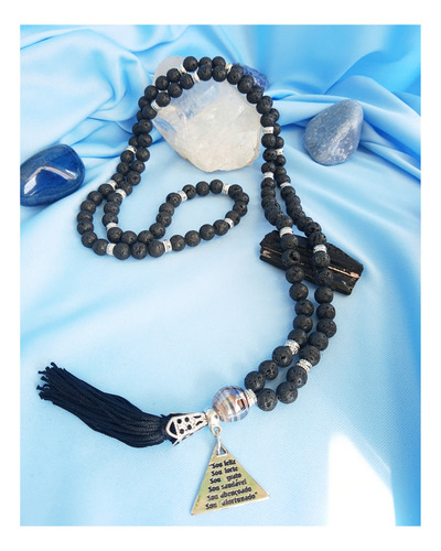 Japamala 108 Contas Pedra Natural Lava Vulcânica Meditação Cor Preto