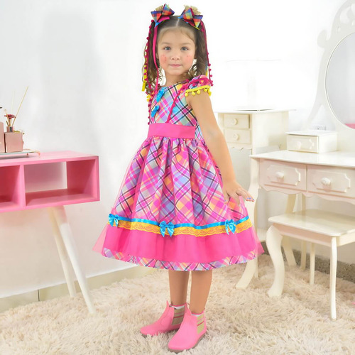 Vestido Festa Junina São Joao Xadrez Rosa Pink + 2 Laços