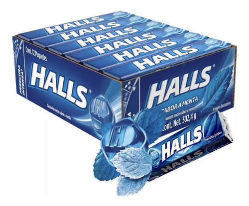 Halls Azul Menta Mentho Lyptus Frescura Caramelo Caja 12pz