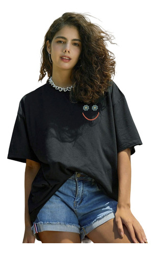 Camiseta Oversized Feminina Estilosa Sorriso Flor Swag Vogue