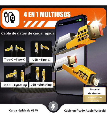 Cable Reforzado Usb Y Usb-c Tipo Ip 4 En 1 Cargador Y Datos
