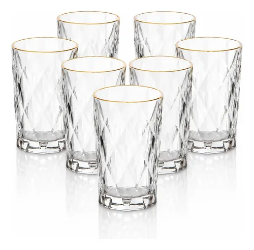 Jogo 6 Copos Altos Diamond 370ml Vidro Luxo Borda Dourada Transparente Com Borda Dourada