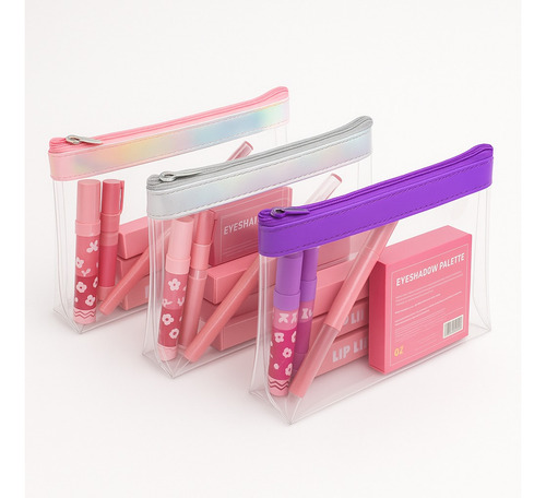 3 Cosmetiquera Impermeable Neceseres Maquillaje Transparente Rosa Tornasol Lisa