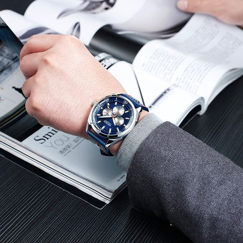 Reloj De Pulsera Impermeable Con Cronógrafo De Cuero Megir Color Del Fondo Azul