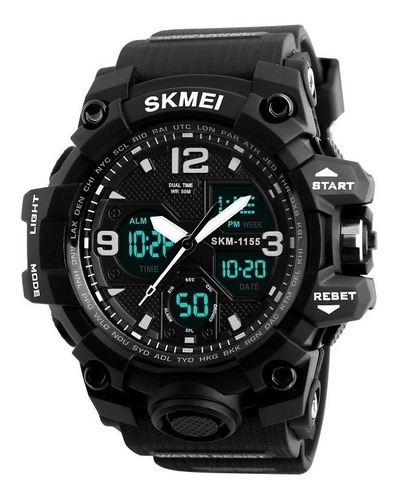 Reloj pulsera Skmei 1155 de cuerpo color negro, analógica-digital, para hombre, fondo negro, con correa de poliuretano color negro, agujas color blanco y negro, dial blanco, subesferas color negro, minutero/segundero gris, bisel color negro y hebilla doble